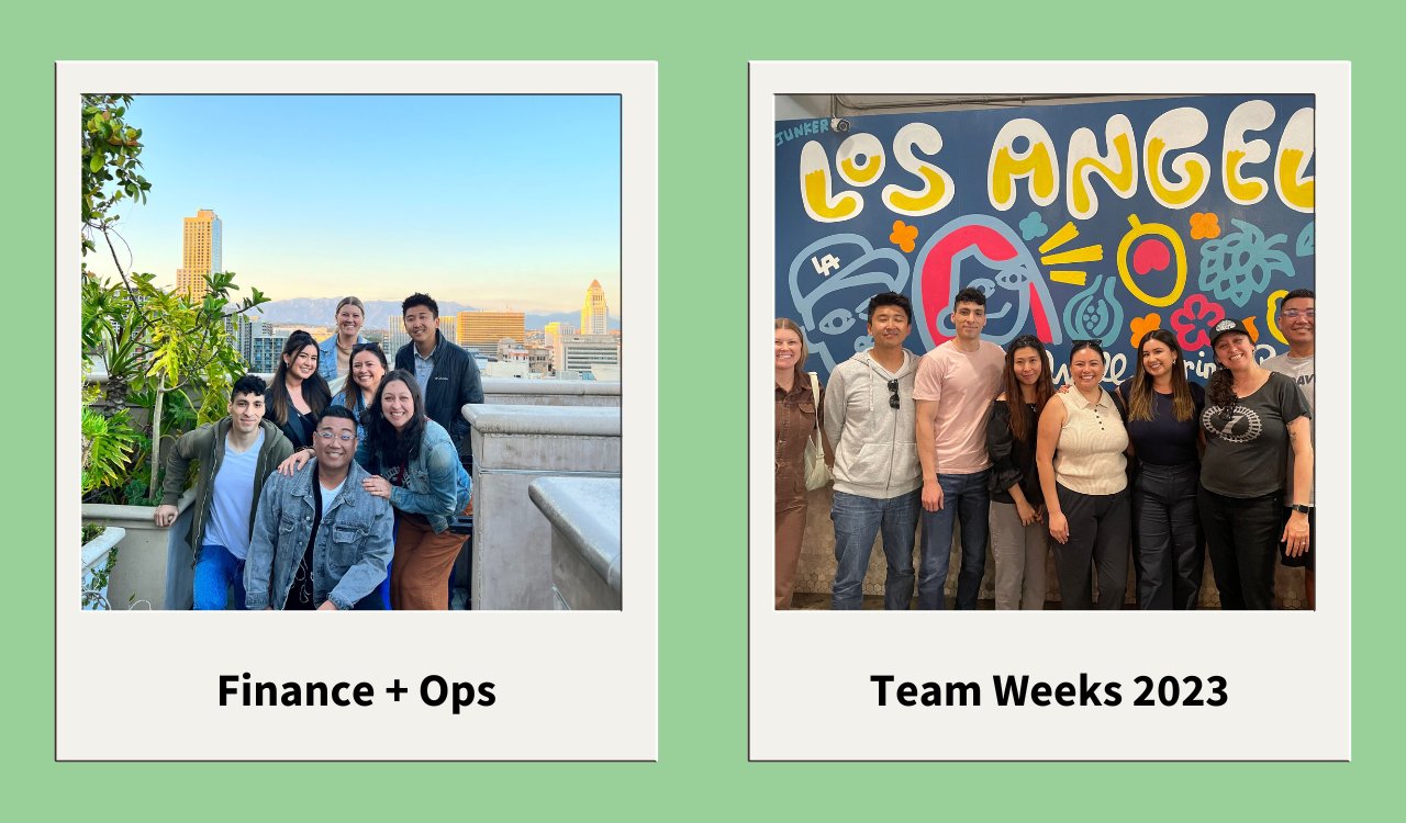 Two group photos of Poll Everywhere's People Operations and Finance team during their Team Weeks in-person gathering.