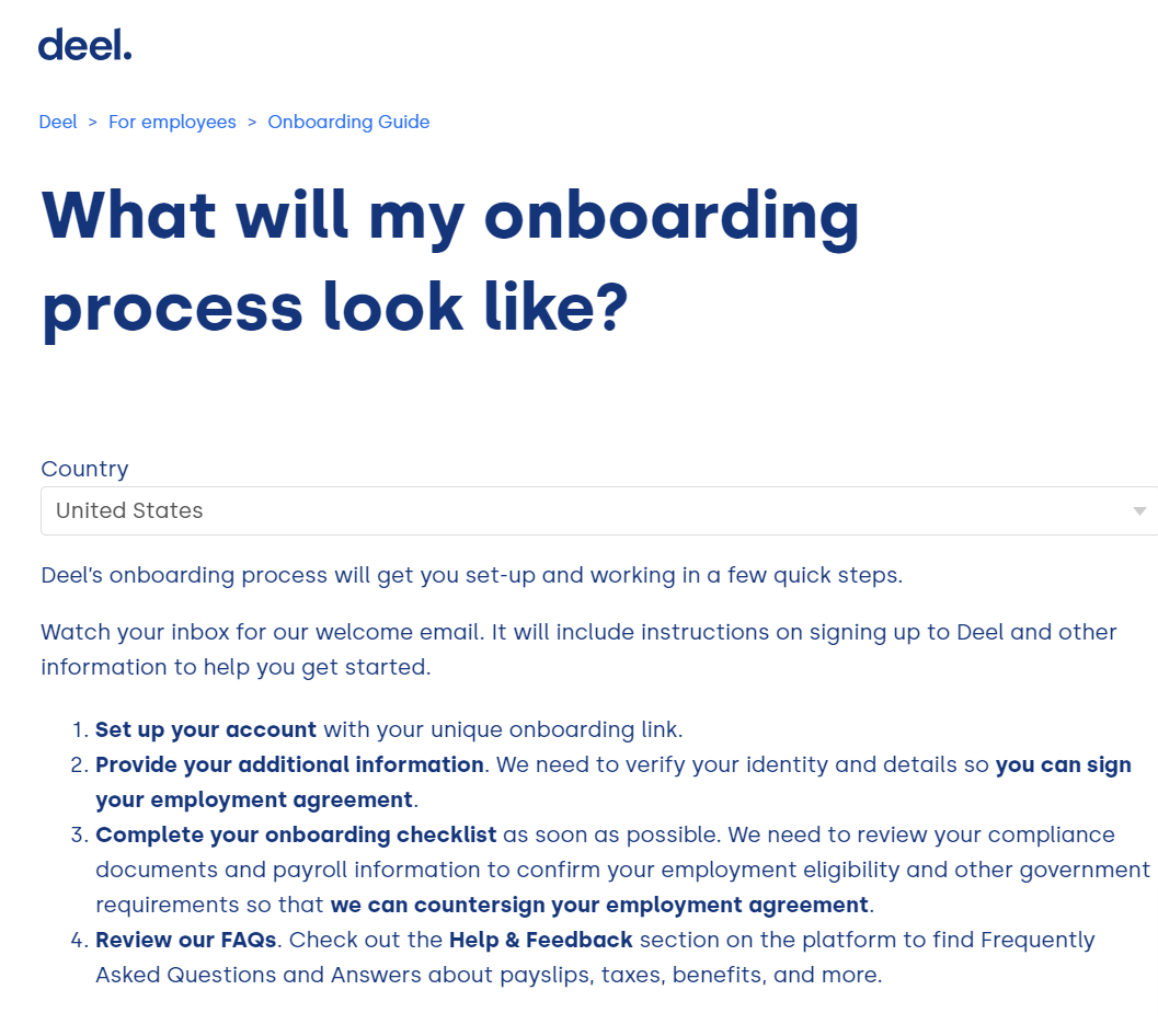 An image of Deel’s straightforward onboarding process for employees from the United States of America.