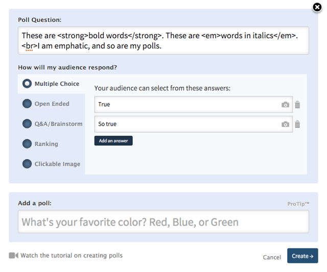 Use html tags to create bold and italicized text in poll titles