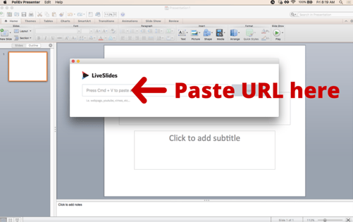 Paste a URL into the LiveSlides popup then click insert