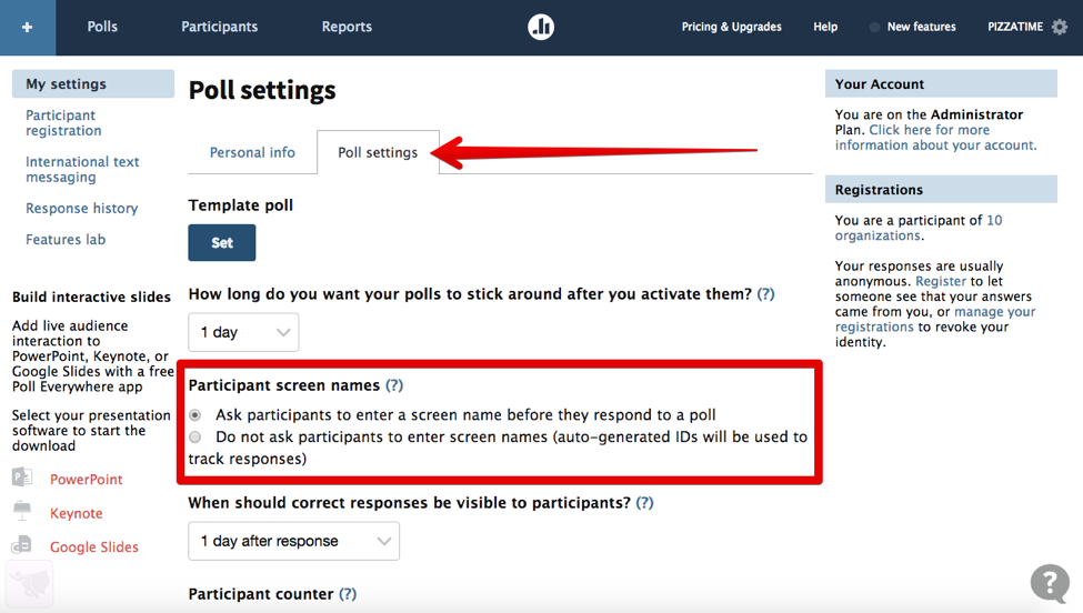 Poll Everywhere settings panel with "participant screen names" highlighted