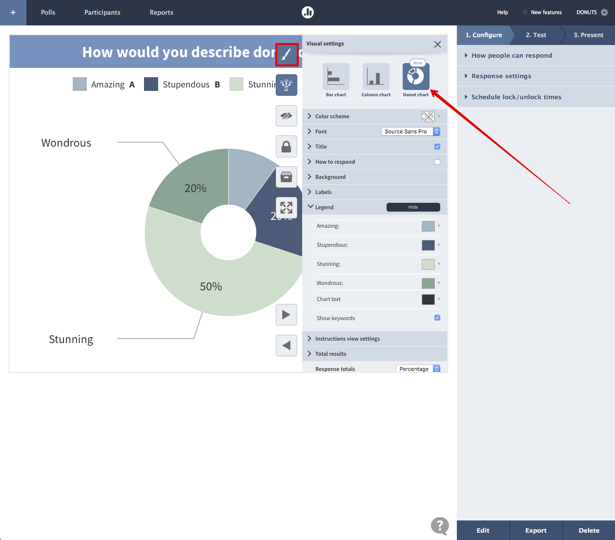 Poll chart view with visual settings submenu open, showing new donut chart option