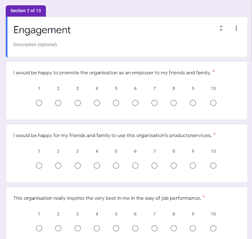 An image of an employee engagement survey built using Google Forms. It features three questions that can be answered via a 10-point Likert scale.
