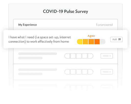 A screenshot of Culture Amp's pulse survey feature. It features a question: "I have what I need (i.e. space set-up, internet connection) to work effectively from home." The question is accompanied with a Likert scale.