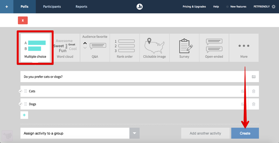 Poll Everywhere dashboard creator with multiple choice poll 