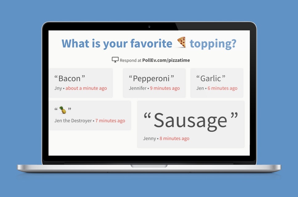 Laptop displaying poll activity "What is your favorite topping?" 