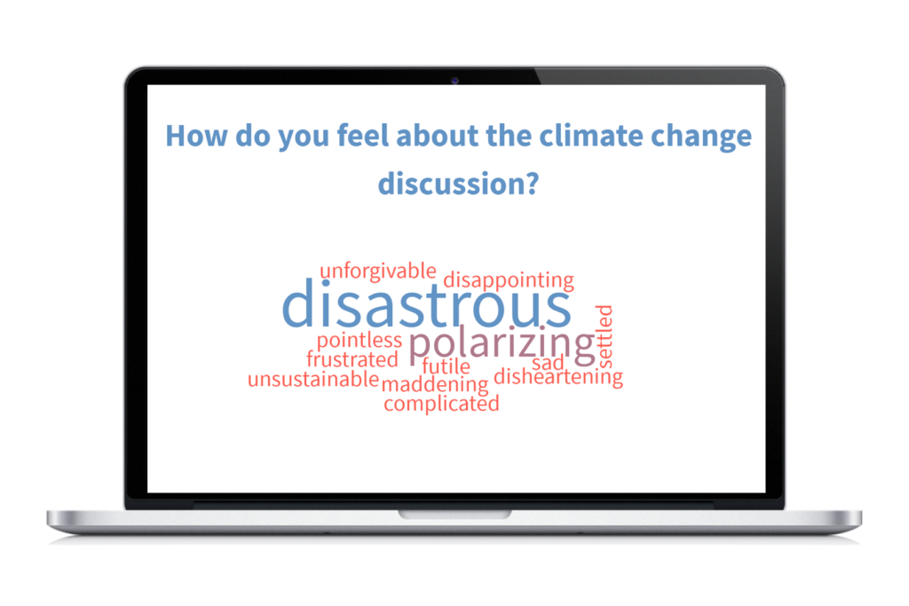Poll Everywhere word cloud activity displayed in a laptop with the title "How do you feel about the climate change discussion?"