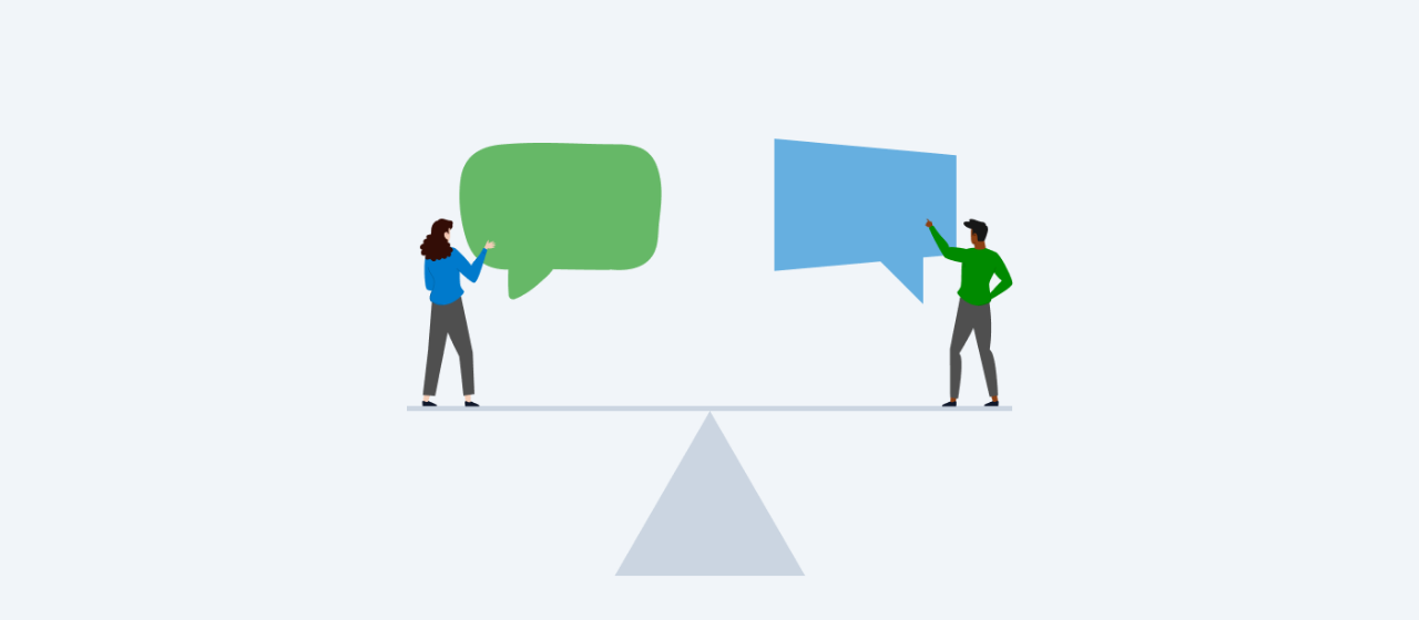 illustration of two people on a scale holding chat bubbles