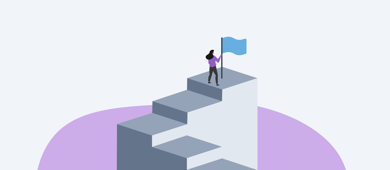 An image of a person climbing stairs and reaching a flag