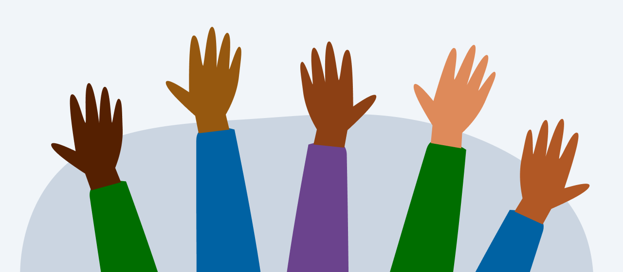 An image of five raised hands. Cover image for Poll Everywhere blog about student attendance management.